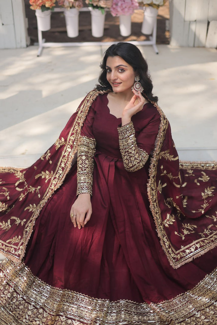 Dark Maroon Vichitra Shimmer with Rich Sequins Embroidered work