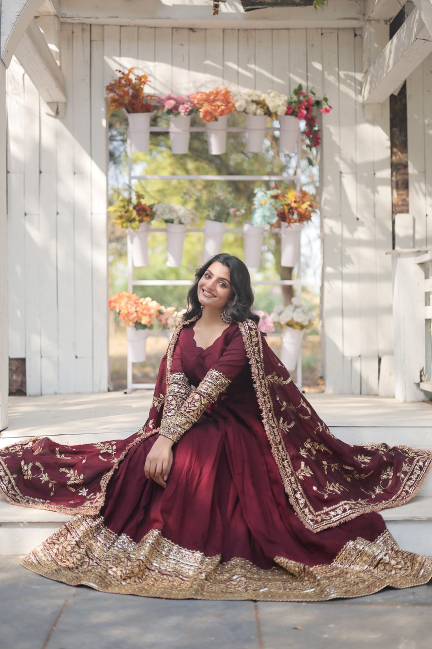 Dark Maroon Vichitra Shimmer with Rich Sequins Embroidered work