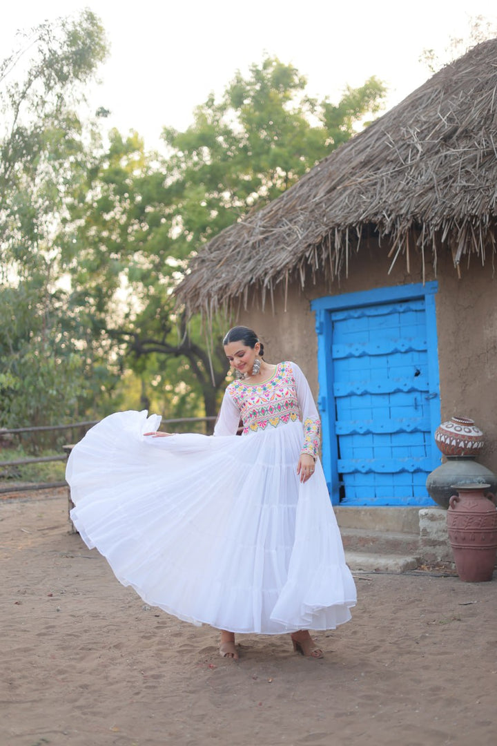 White Faux Blooming  Fabric with Kutchi Gamthi Work