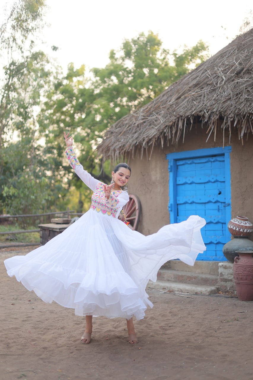 White Faux Blooming  Fabric with Kutchi Gamthi Work