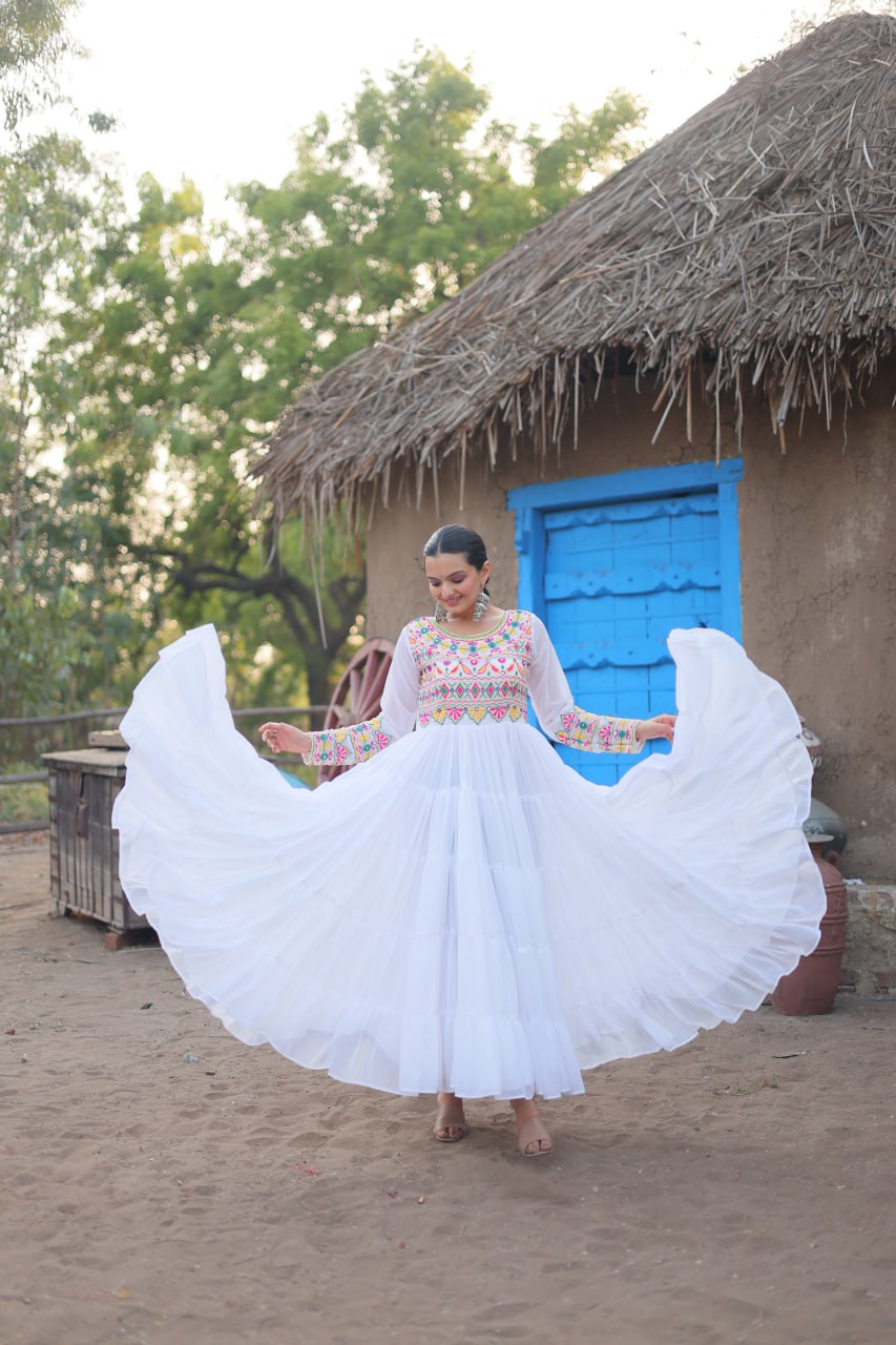 White Faux Blooming  Fabric with Kutchi Gamthi Work