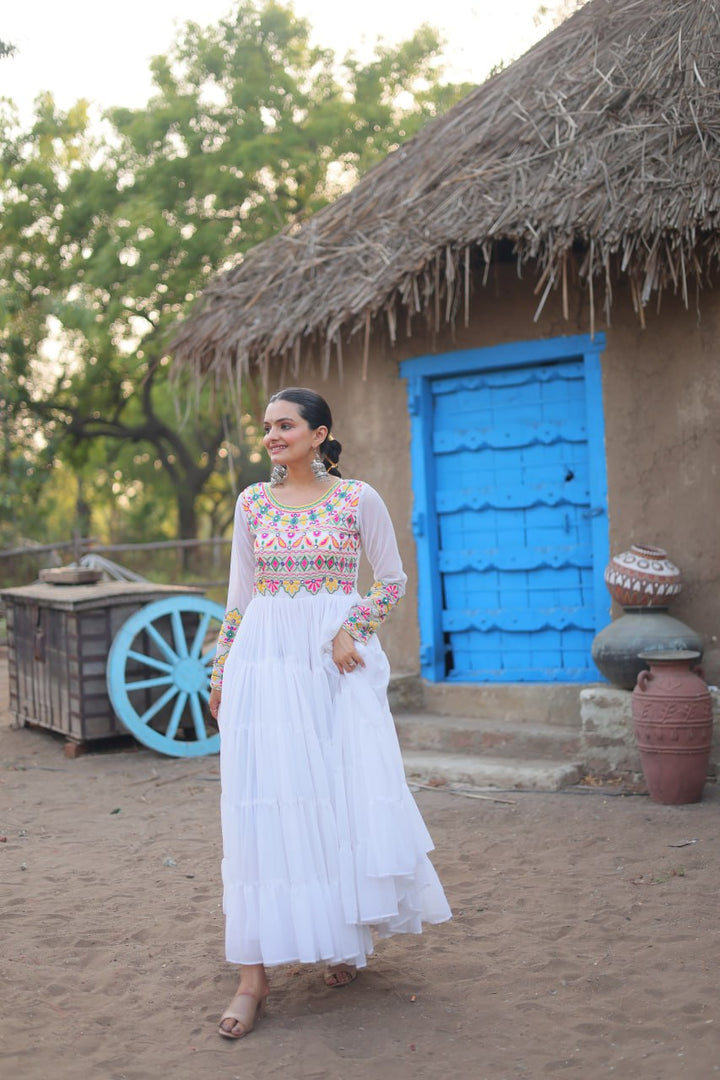 White Faux Blooming  Fabric with Kutchi Gamthi Work