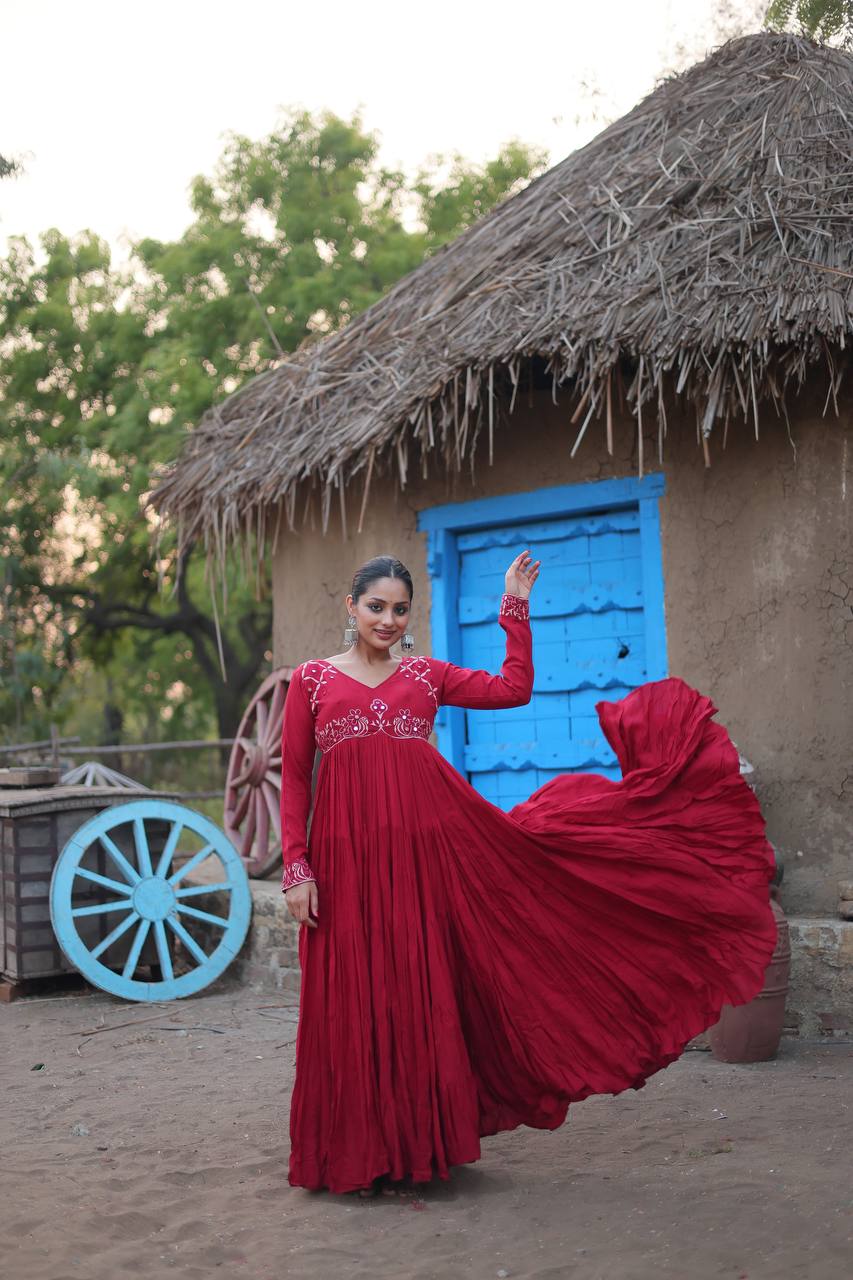 Maroon  Reyon Fabric with Real Mirror  Work Gown