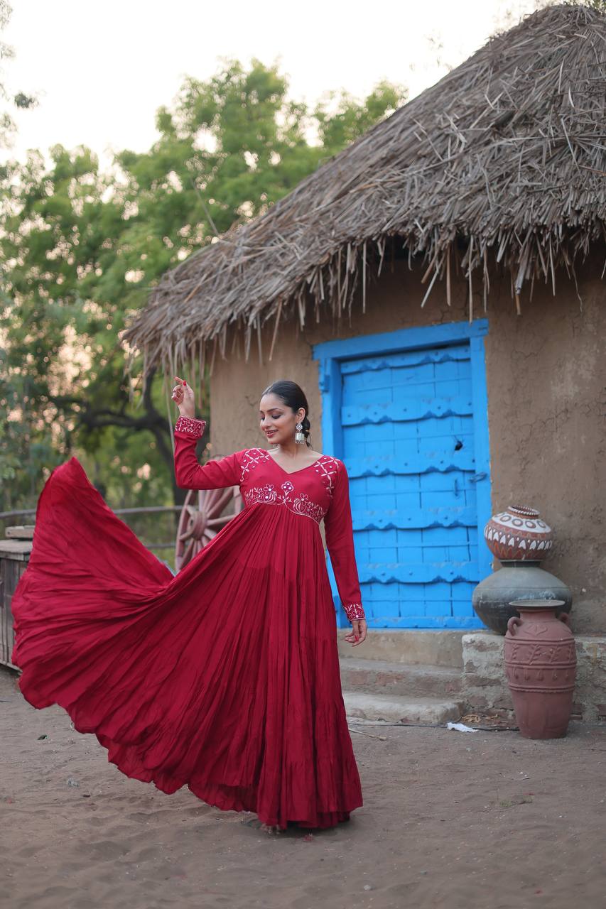 Maroon  Reyon Fabric with Real Mirror  Work Gown