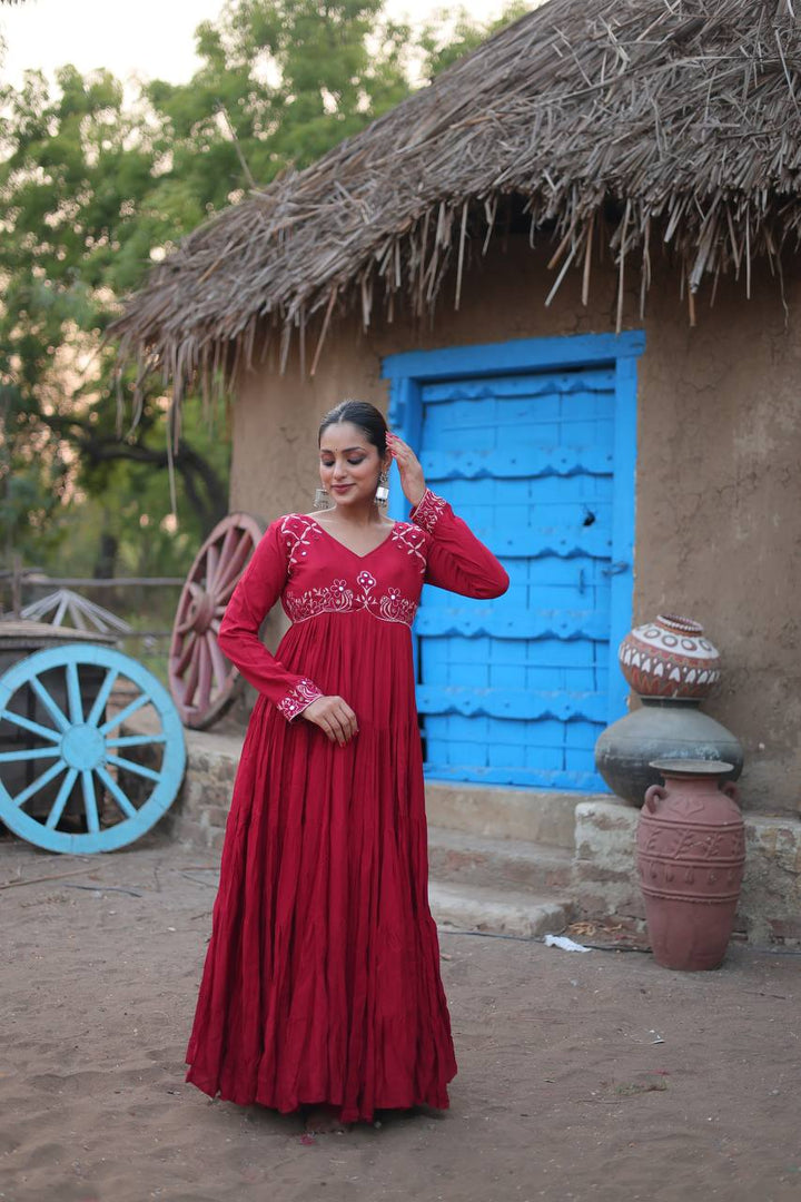 Maroon  Reyon Fabric with Real Mirror  Work Gown