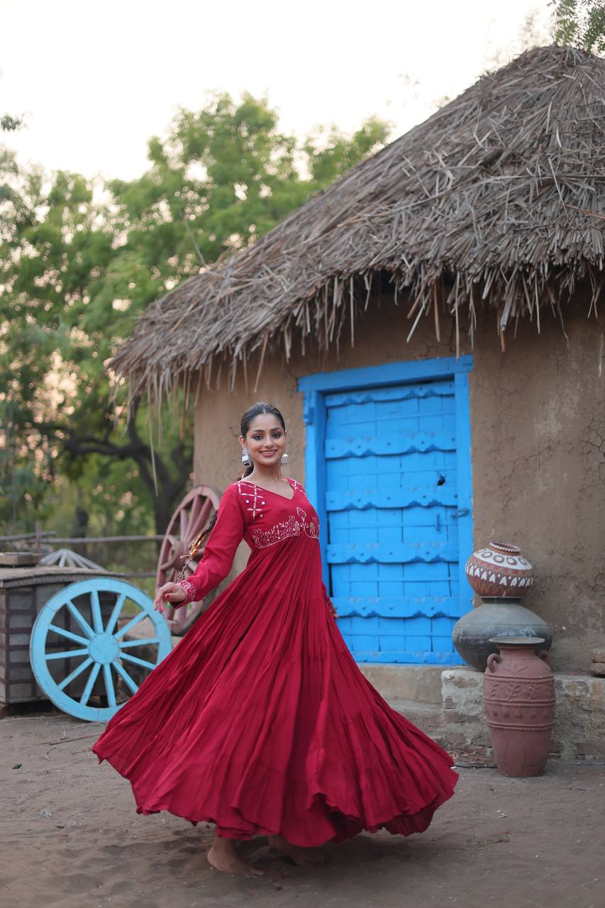 Maroon  Reyon Fabric with Real Mirror  Work Gown