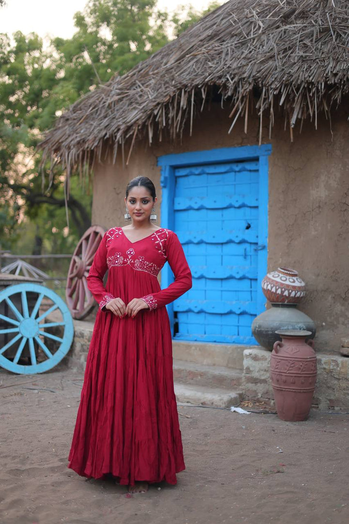 Maroon  Reyon Fabric with Real Mirror  Work Gown