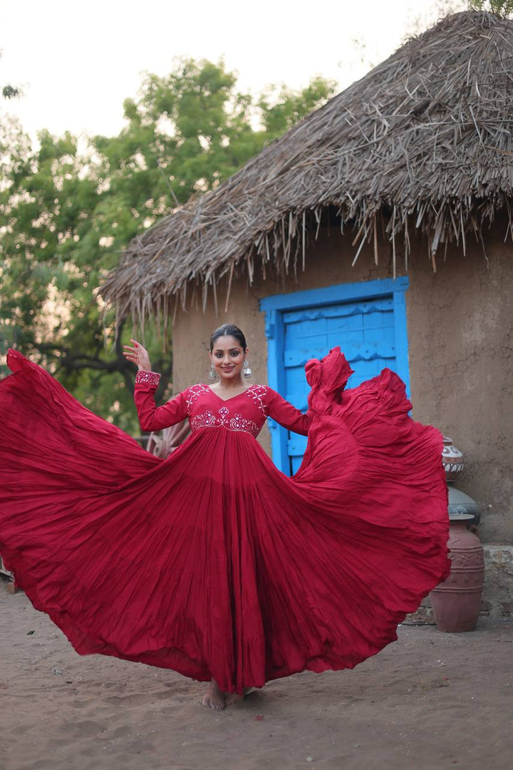 Maroon  Reyon Fabric with Real Mirror  Work Gown