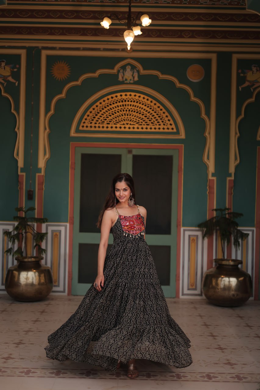 Black Bandhani Print work with kutchi patchework in Faux Georgette Gown