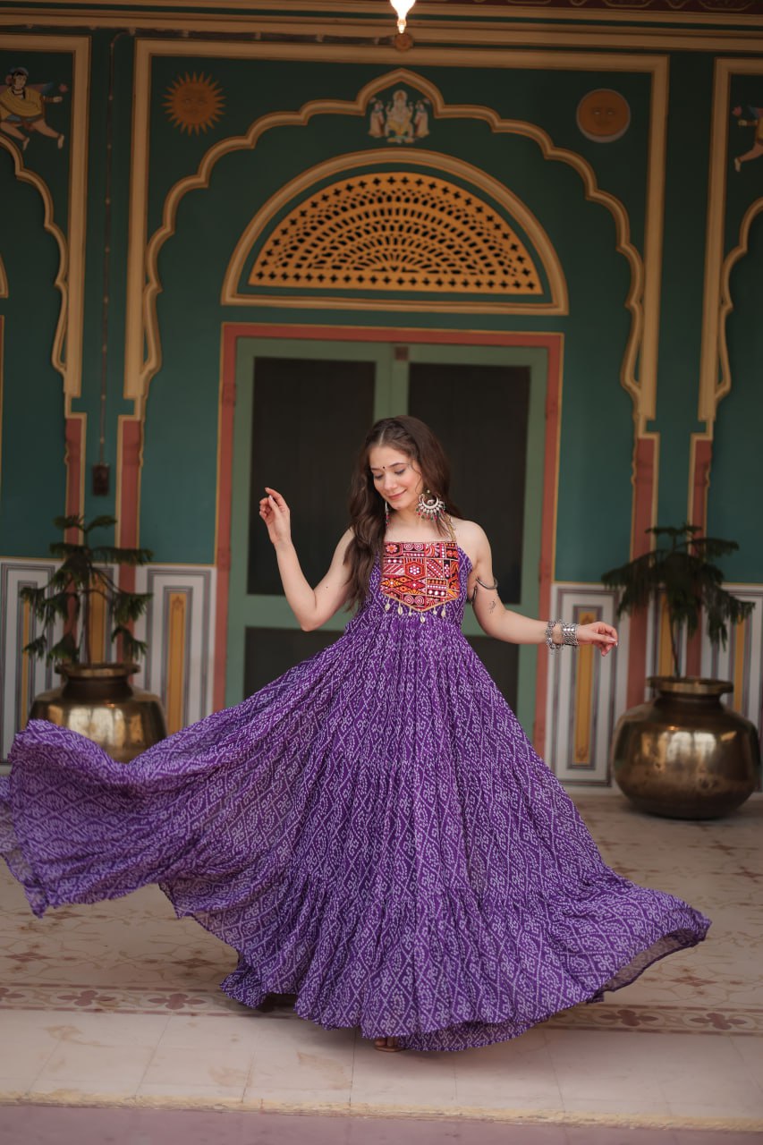 Purple Bandhani Print work with kutchi patchework in Faux Georgette Gown