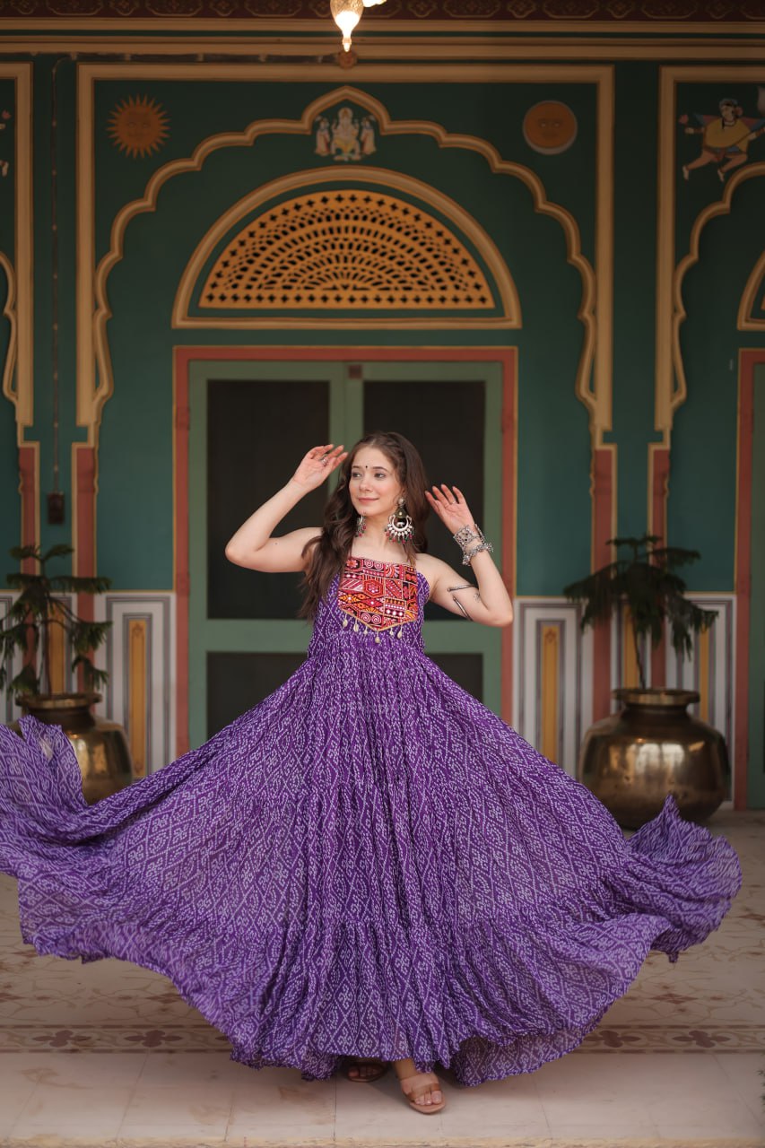 Purple Bandhani Print work with kutchi patchework in Faux Georgette Gown