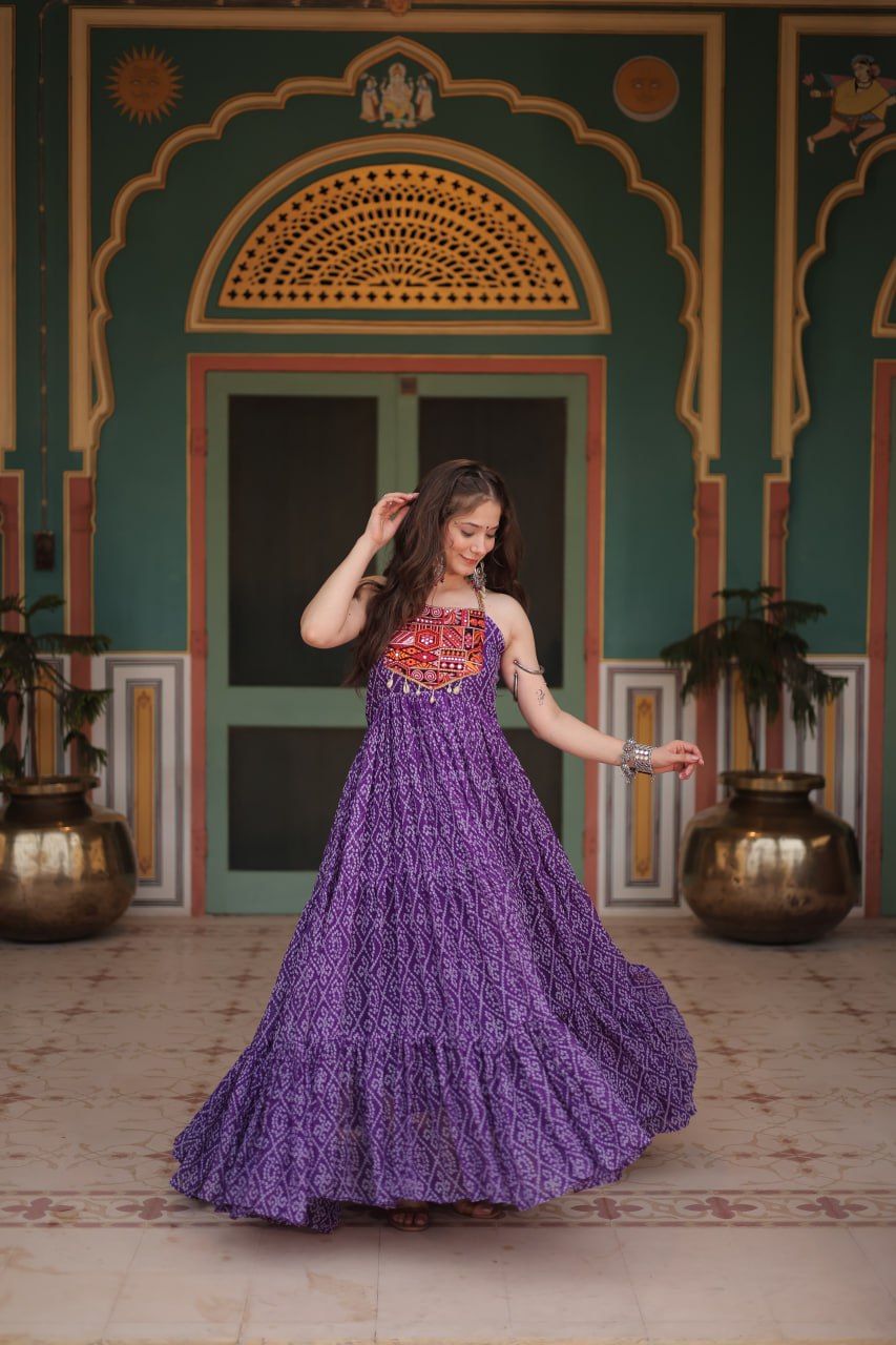 Purple Bandhani Print work with kutchi patchework in Faux Georgette Gown