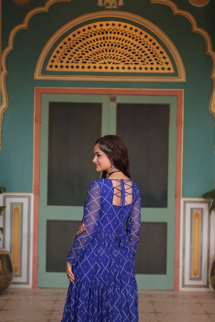 Blue Bandhani Print work with kutchi patchework in Faux Georgette