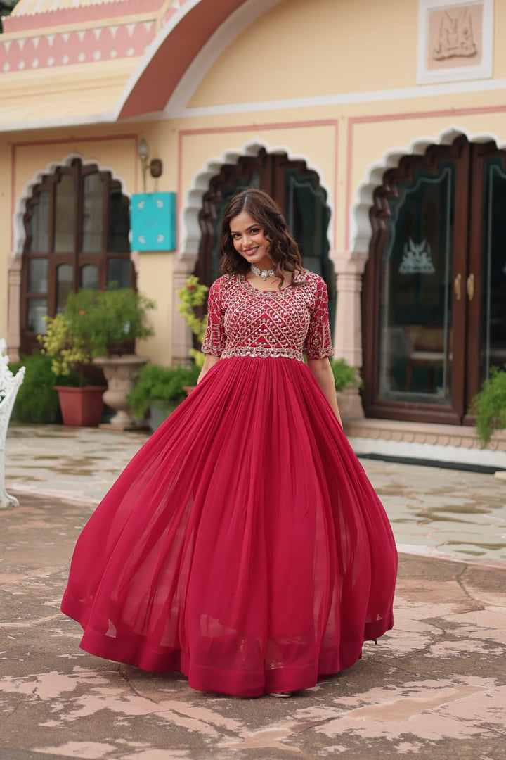 Pink Color Faux Blooming with Embroidery Zari Sequins-work Gown