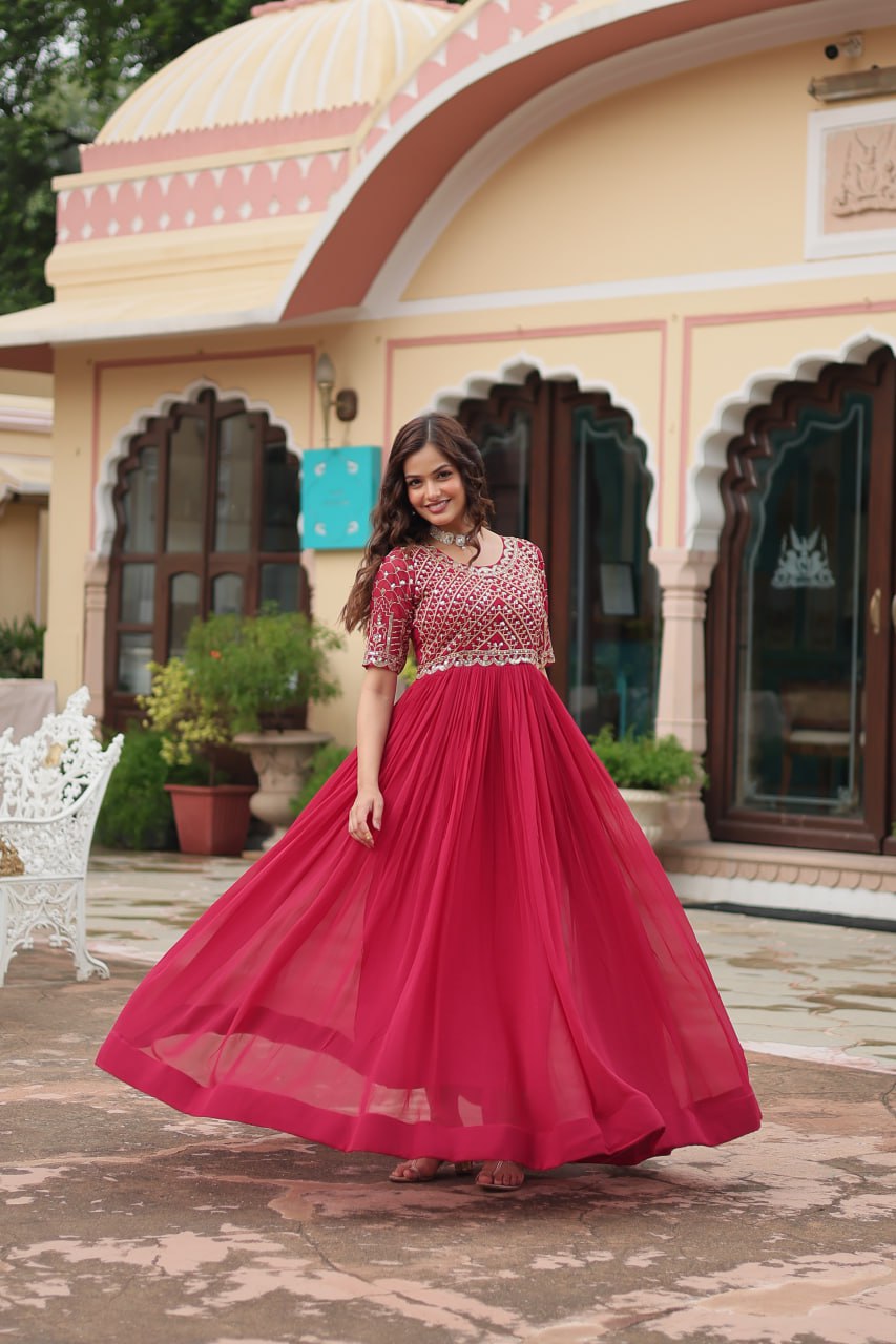 Pink Color Faux Blooming with Embroidery Zari Sequins-work Gown