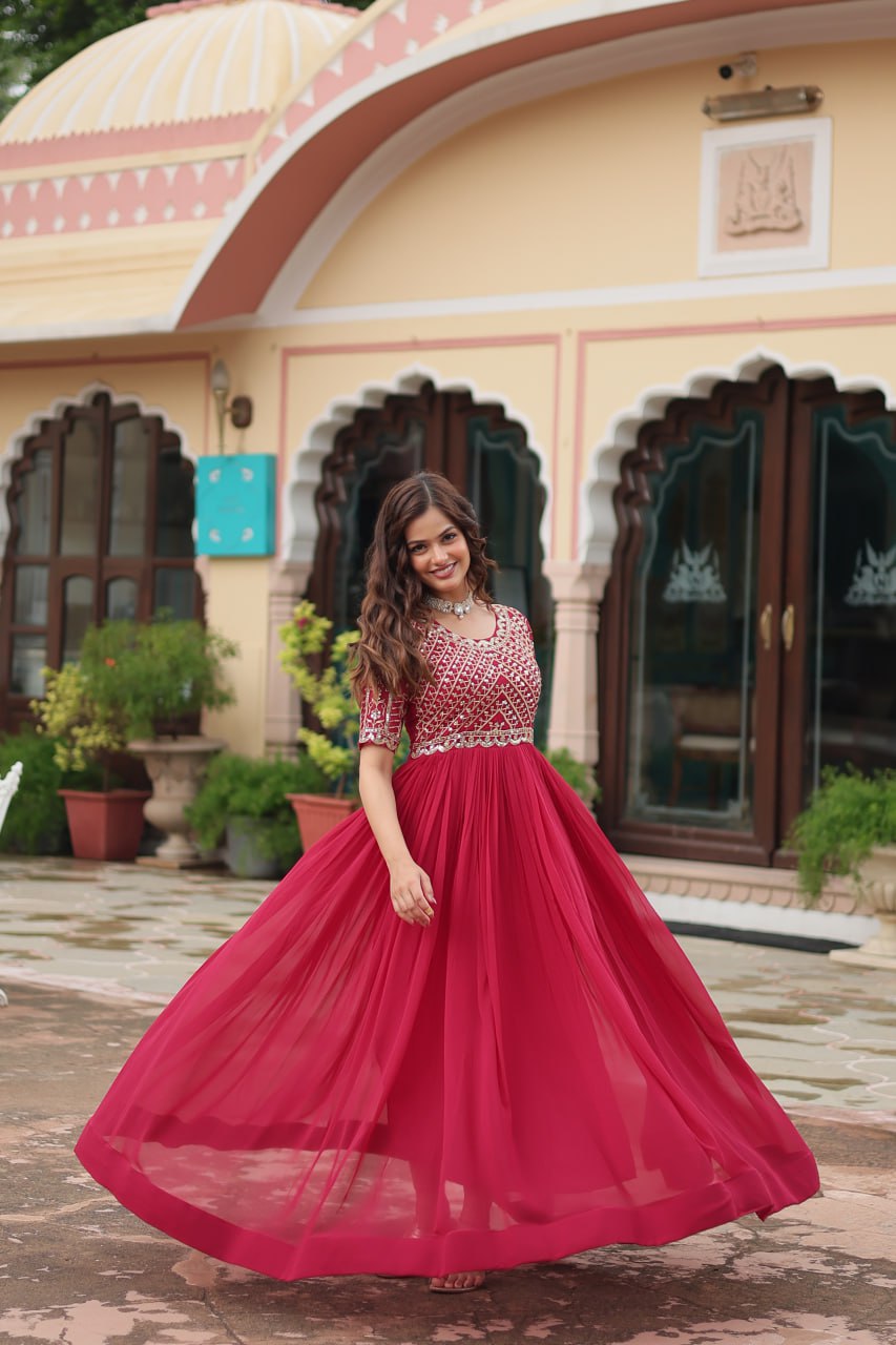 Pink Color Faux Blooming with Embroidery Zari Sequins-work Gown