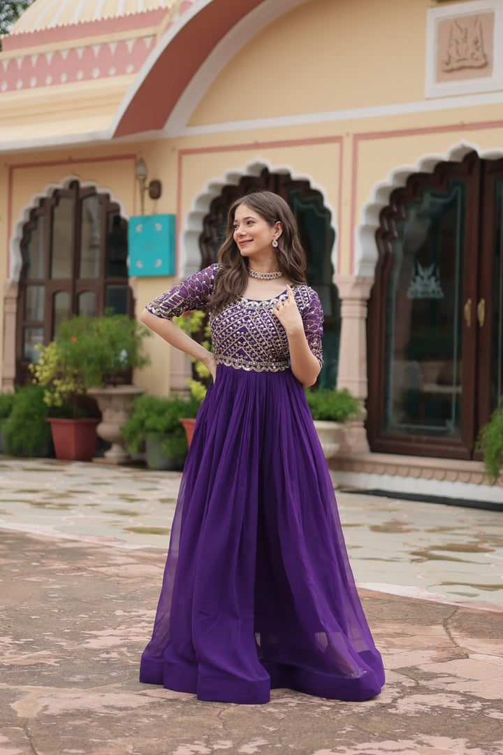 Purple Color Faux Blooming with Embroidery Zari Sequins-work Gown