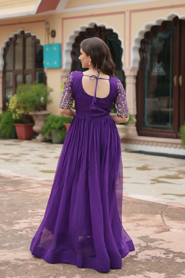 Purple Color Faux Blooming with Embroidery Zari Sequins-work Gown