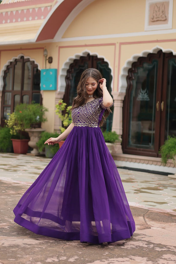 Purple Color Faux Blooming with Embroidery Zari Sequins-work Gown