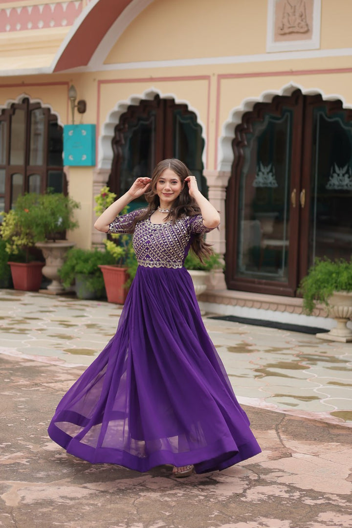 Purple Color Faux Blooming with Embroidery Zari Sequins-work Gown