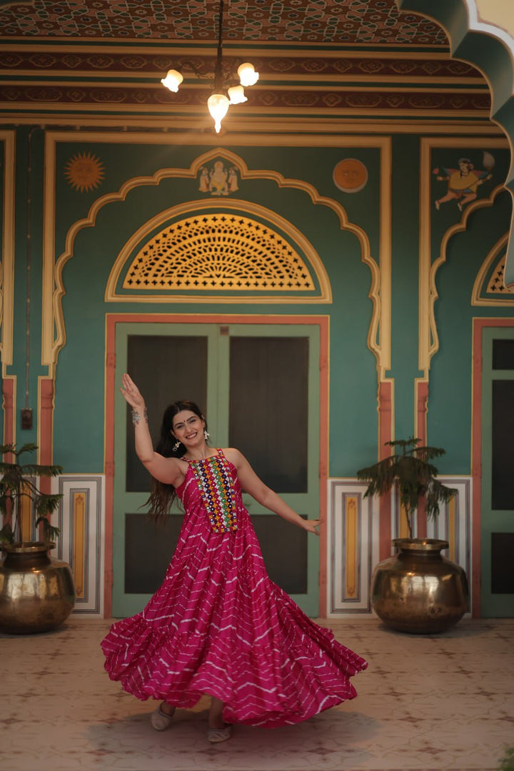 Pink Leheriya Print work with kutchi patchework in Chinon Fabric Gown