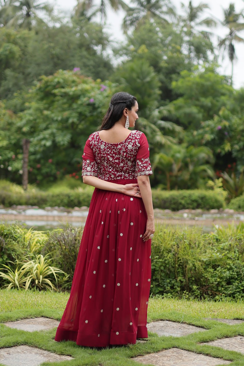 Maroon Color Faux Blooming with Embroidery Zari Sequins-work Gown