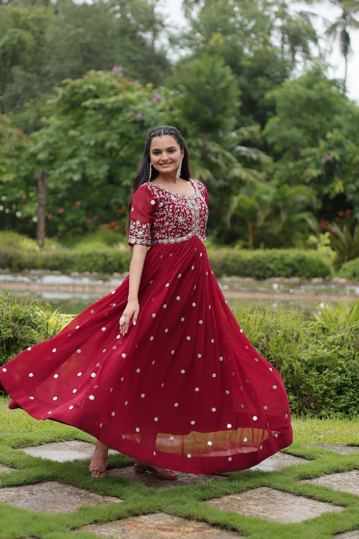 Maroon Color Faux Blooming with Embroidery Zari Sequins-work Gown