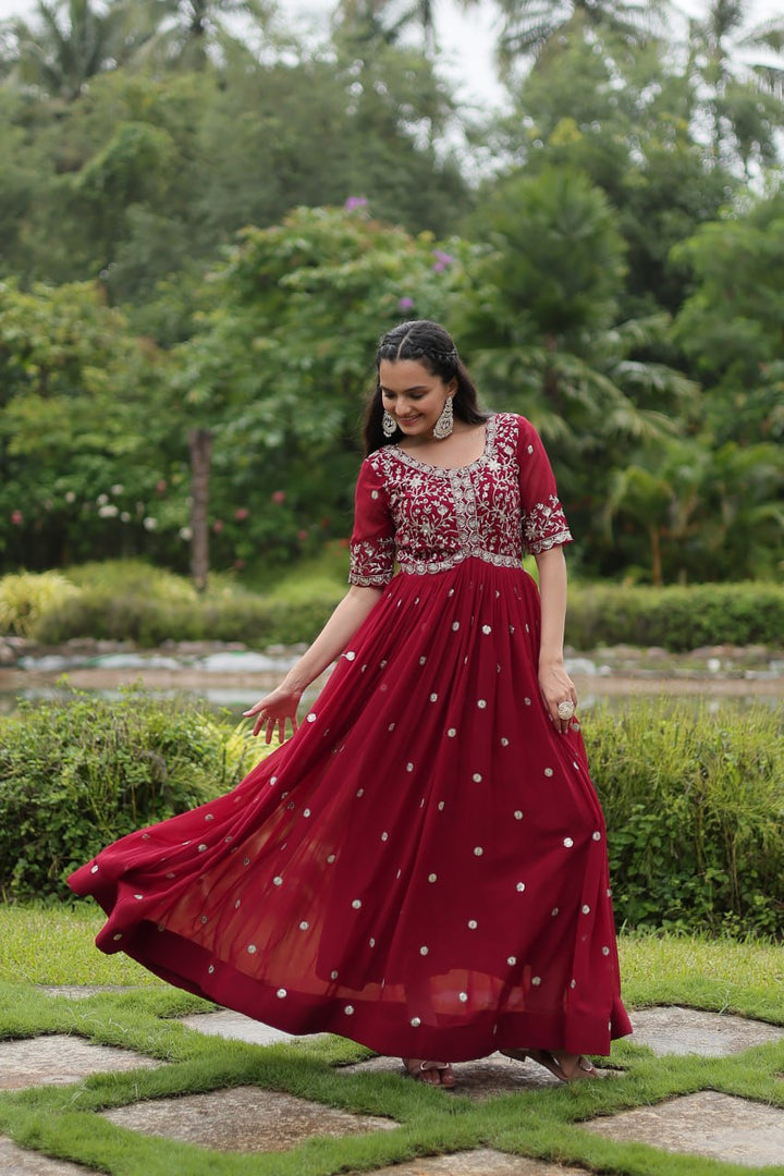 Maroon Color Faux Blooming with Embroidery Zari Sequins-work Gown