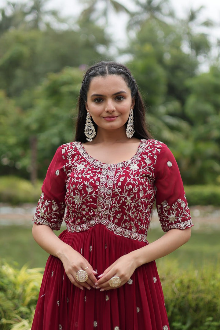 Maroon Color Faux Blooming with Embroidery Zari Sequins-work Gown