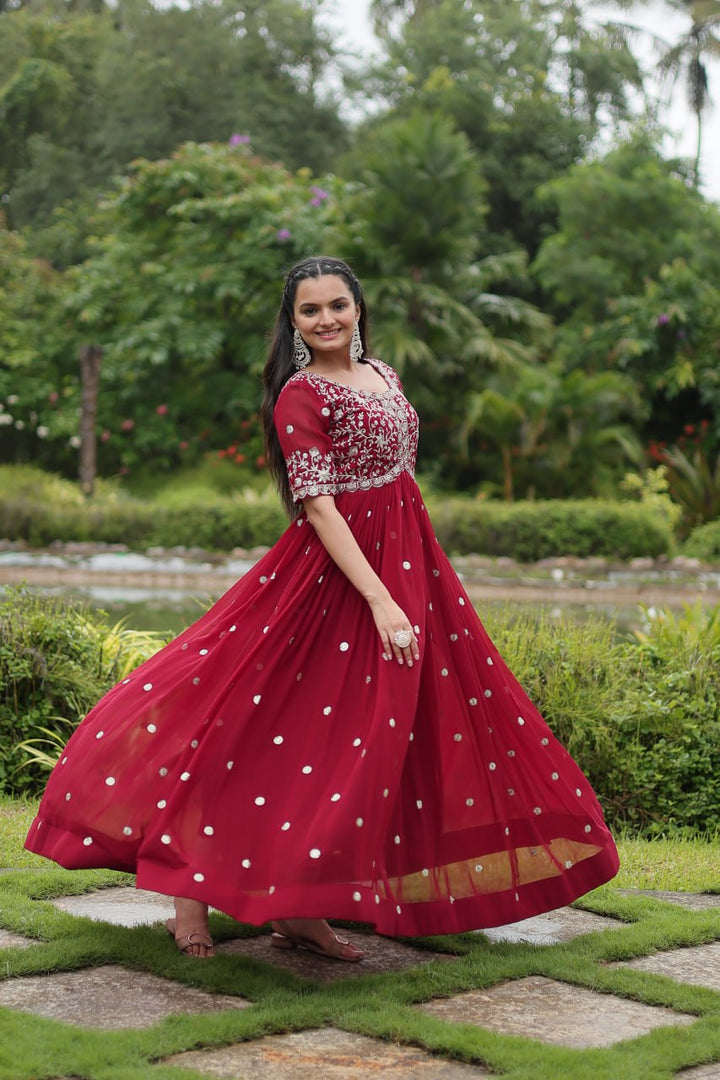 Maroon Color Faux Blooming with Embroidery Zari Sequins-work Gown