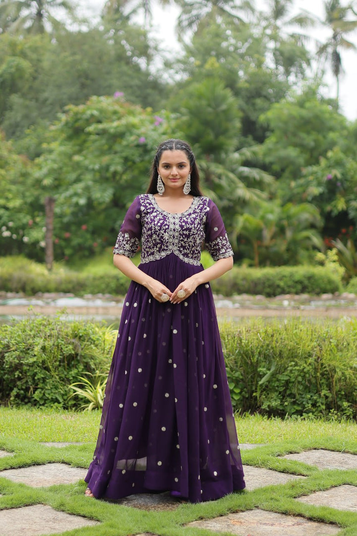 Purple Color Faux Blooming with Embroidery Zari Sequins-work Gown