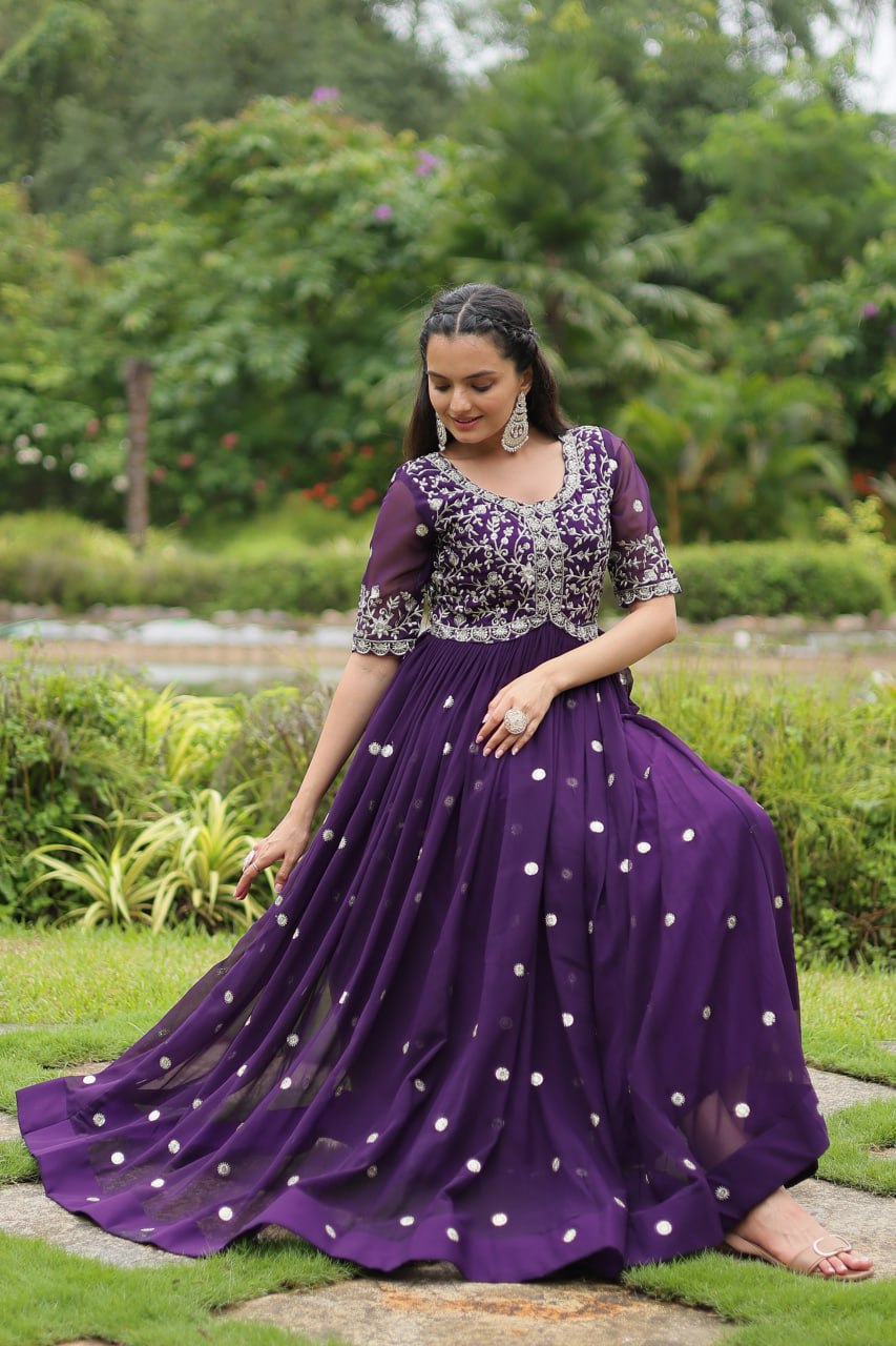 Purple Color Faux Blooming with Embroidery Zari Sequins-work Gown