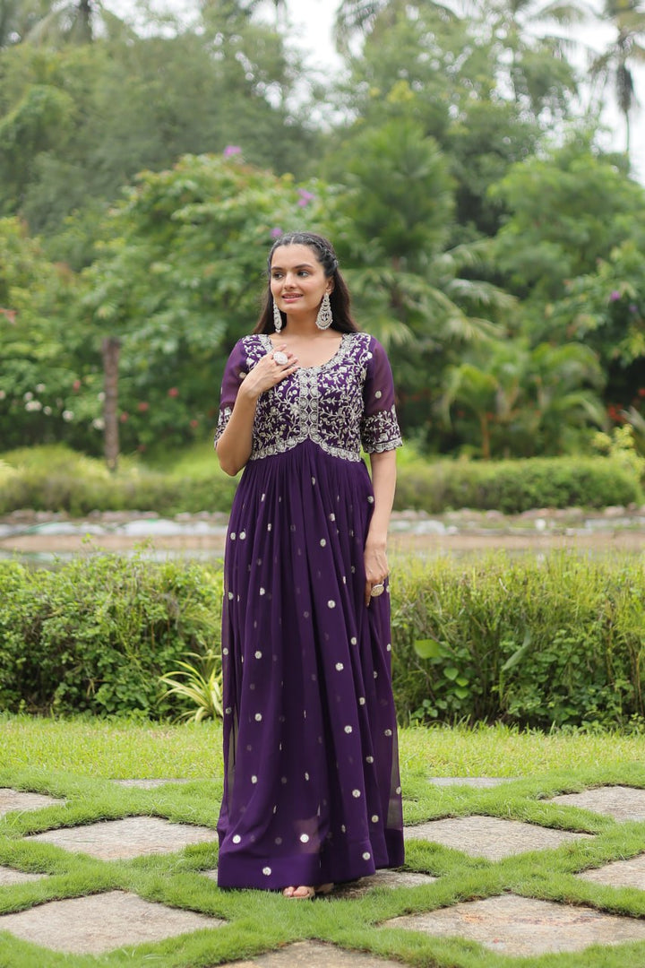 Purple Color Faux Blooming with Embroidery Zari Sequins-work Gown