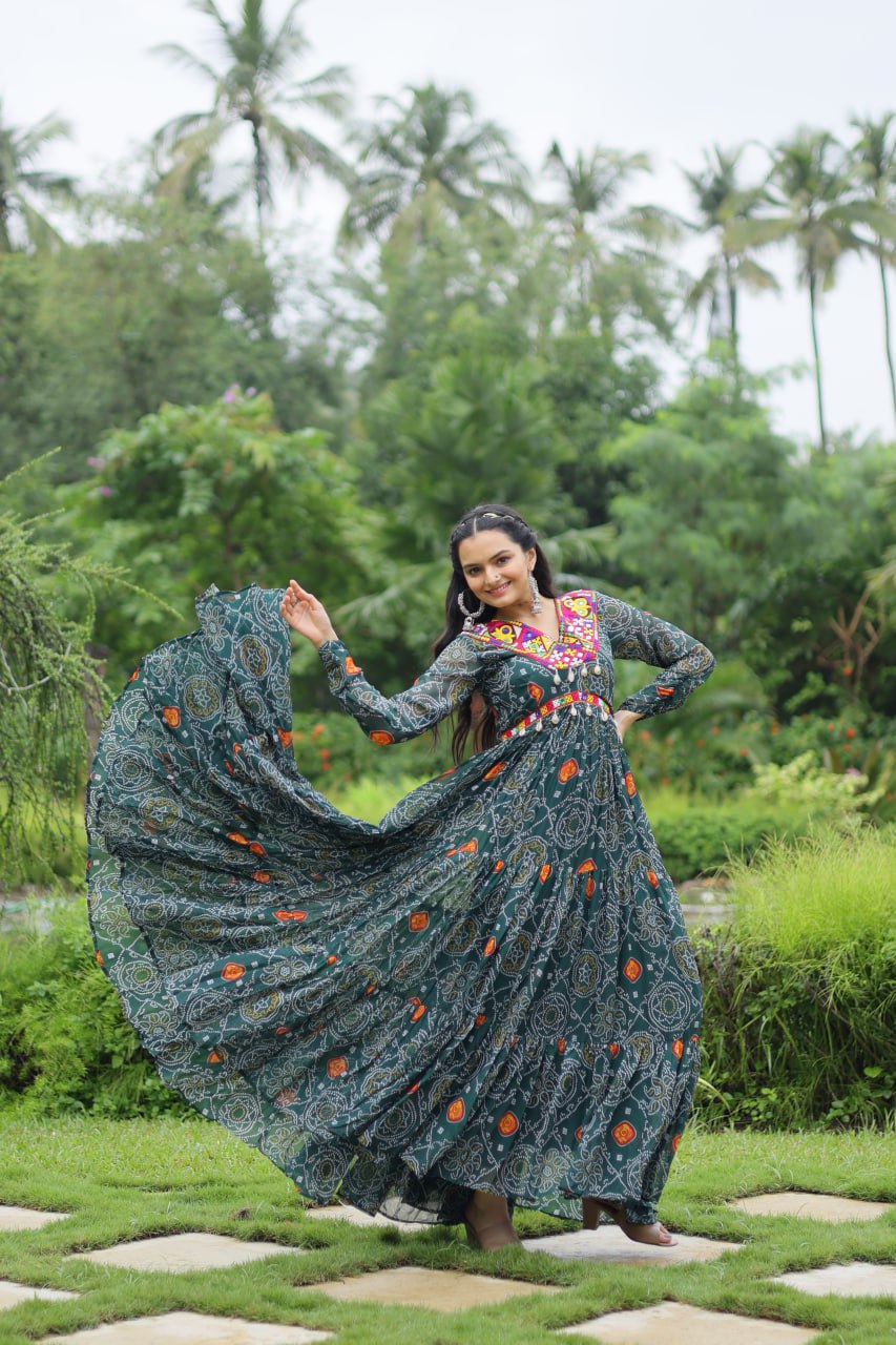 Green Color Bandhani Print work with kutchi patchework in Faux Georgette. Gown