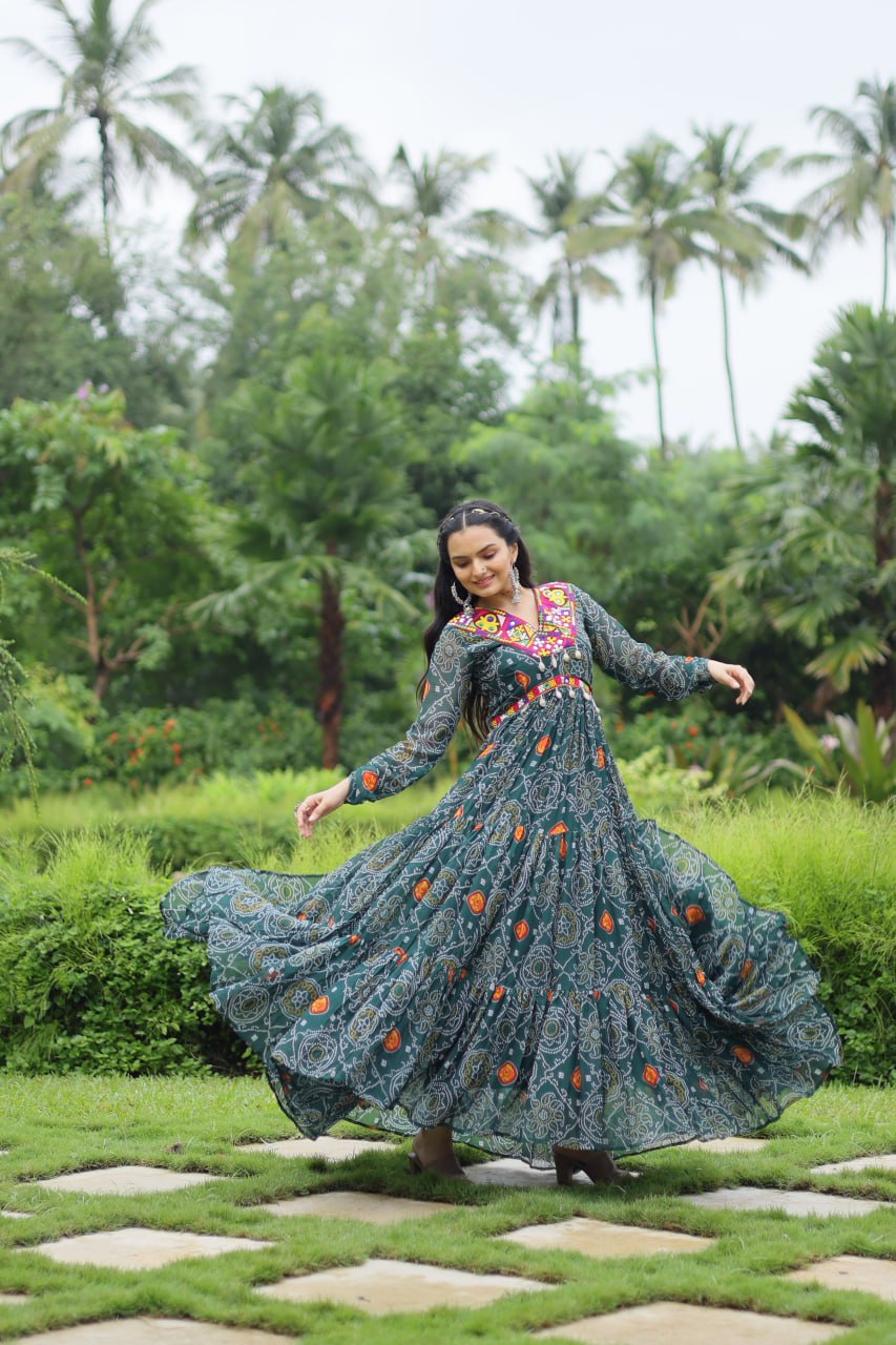 Stunning Green Color Bandhani Print work with kutchi patchework Gown