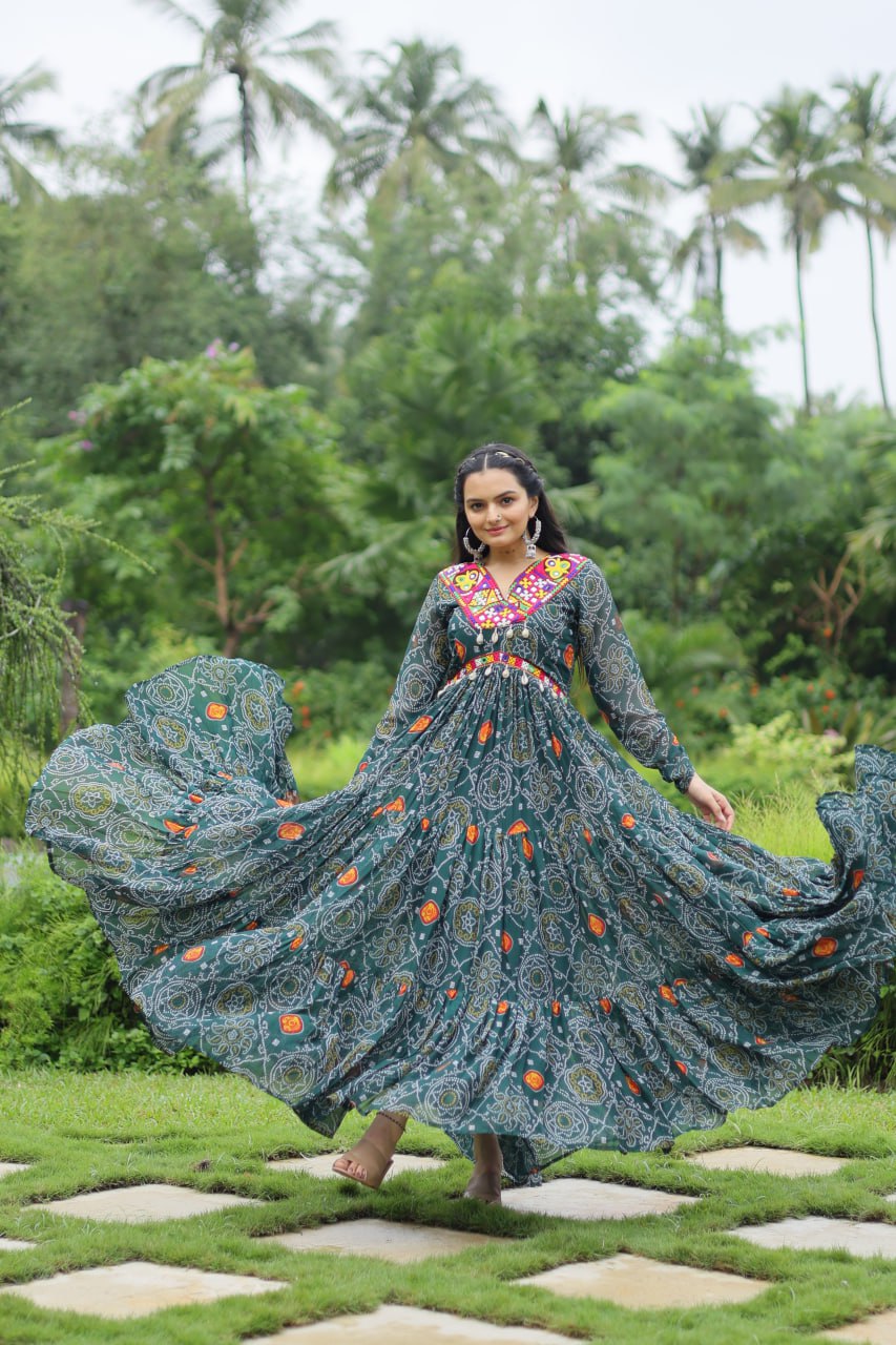 Gorgeous Faux Georgette Gown with Green Color Bandhani Print work