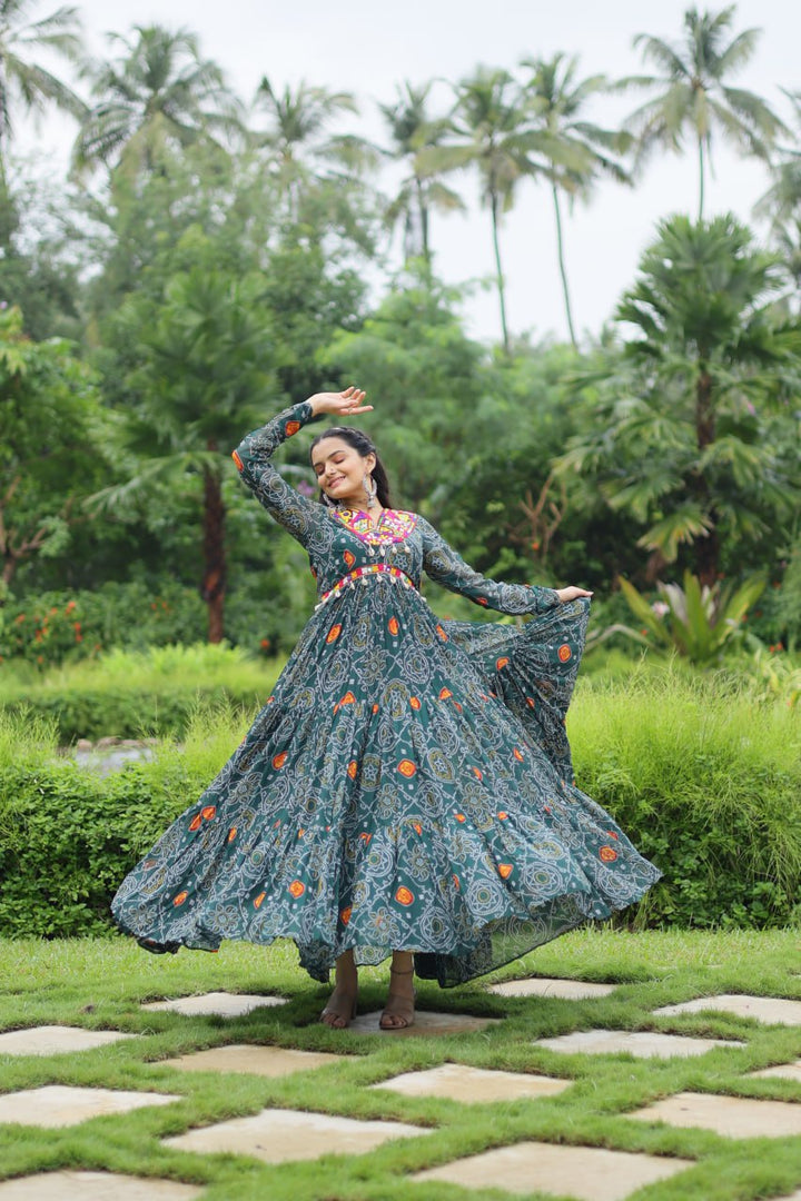 Green Color Bandhani Print work with kutchi patchework in Faux Georgette. Gown