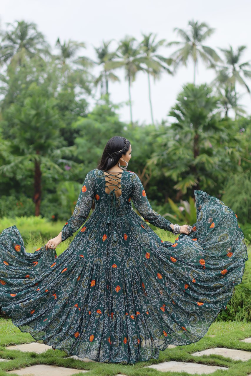 Green Color Bandhani Print work with kutchi patchework in Faux Georgette. Gown