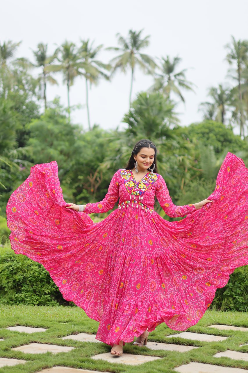 Pink Color Bandhani Print work with kutchi patchework in Faux Georgette. Gown