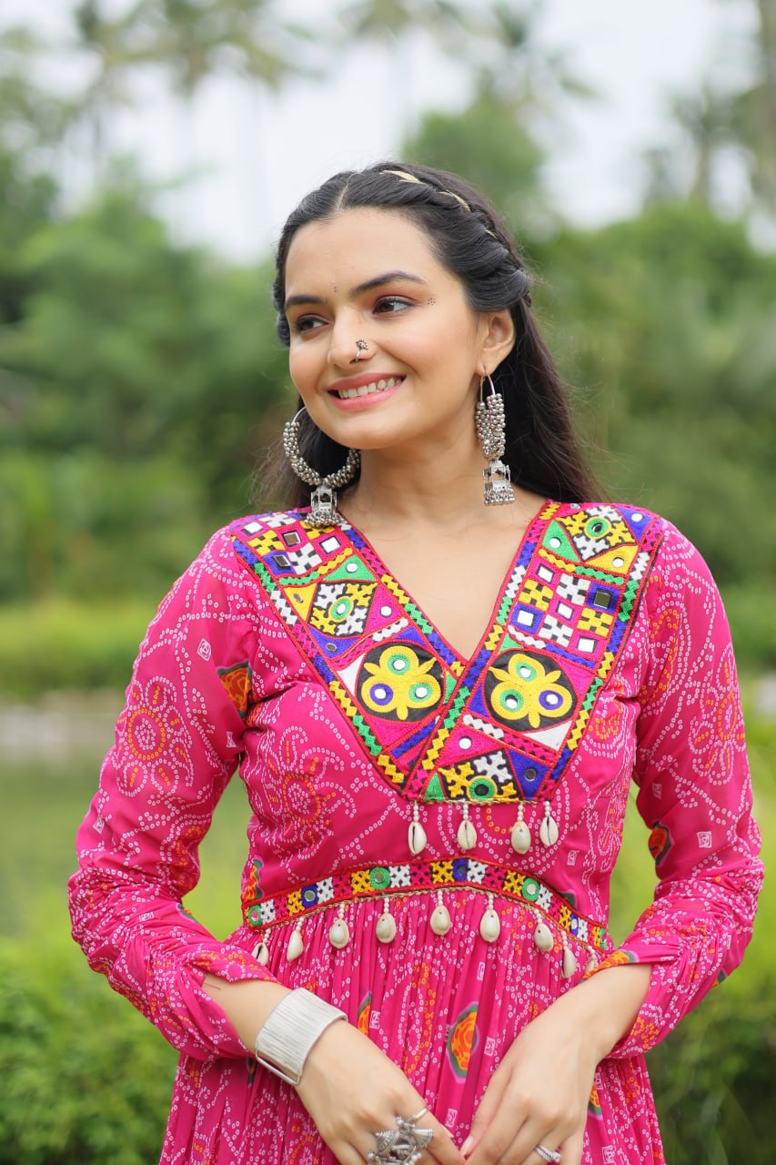 Pink Color Bandhani Print work with kutchi patchework in Faux Georgette. Gown