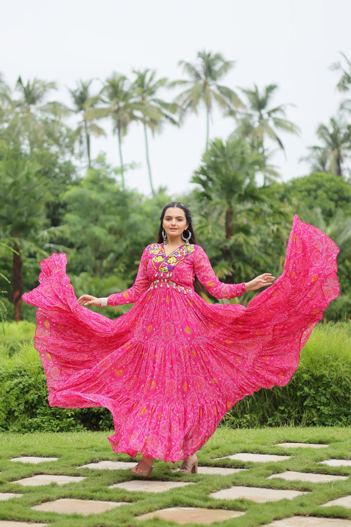 Pink Color Bandhani Print work with kutchi patchework in Faux Georgette. Gown