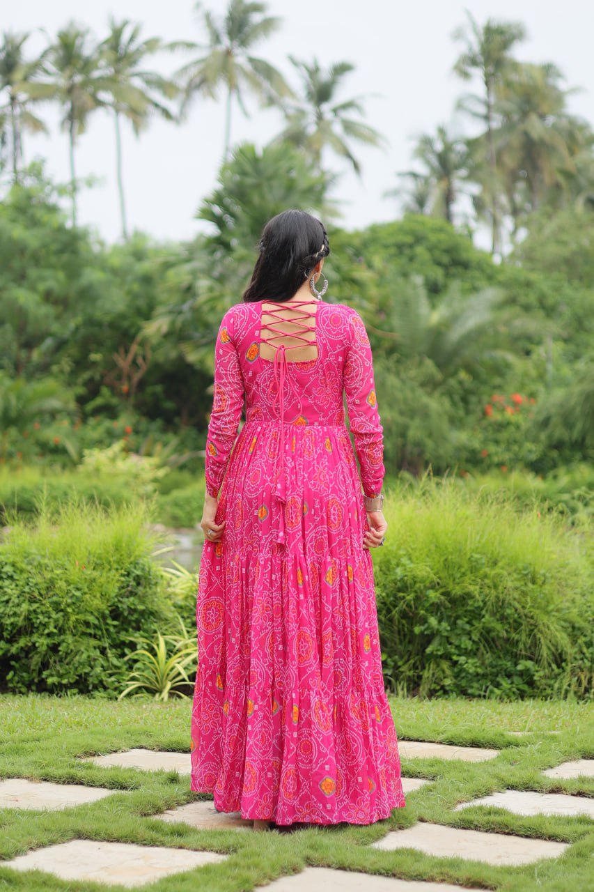 Pink Color Bandhani Print work with kutchi patchework in Faux Georgette. Gown