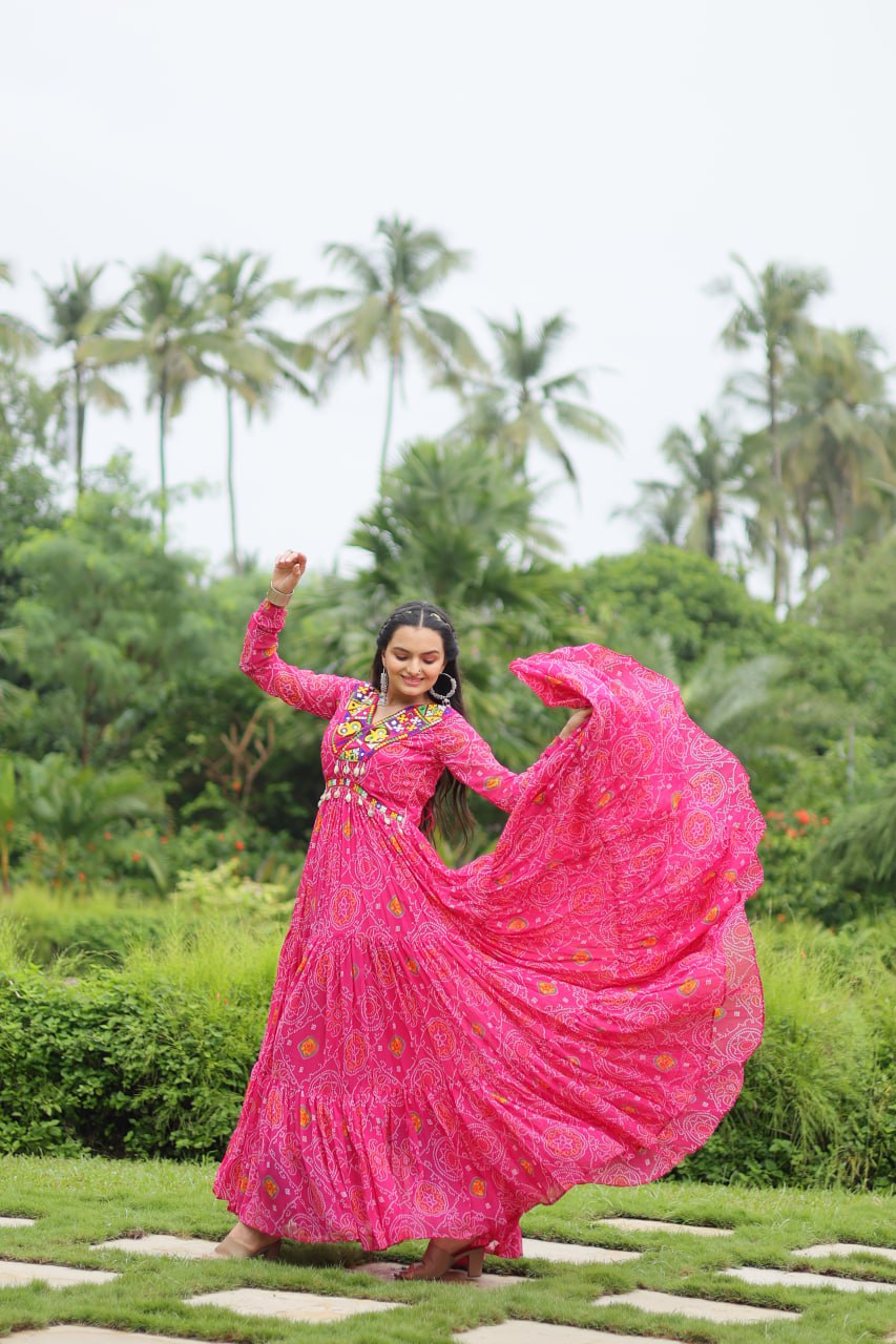 Pink Color Bandhani Print work with kutchi patchework in Faux Georgette. Gown