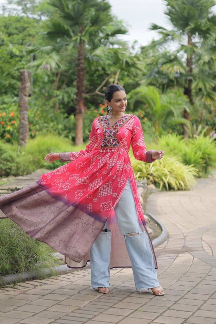 Pink Color Printed Cotton With Kutchi Gamthi Work and Kodi Lace