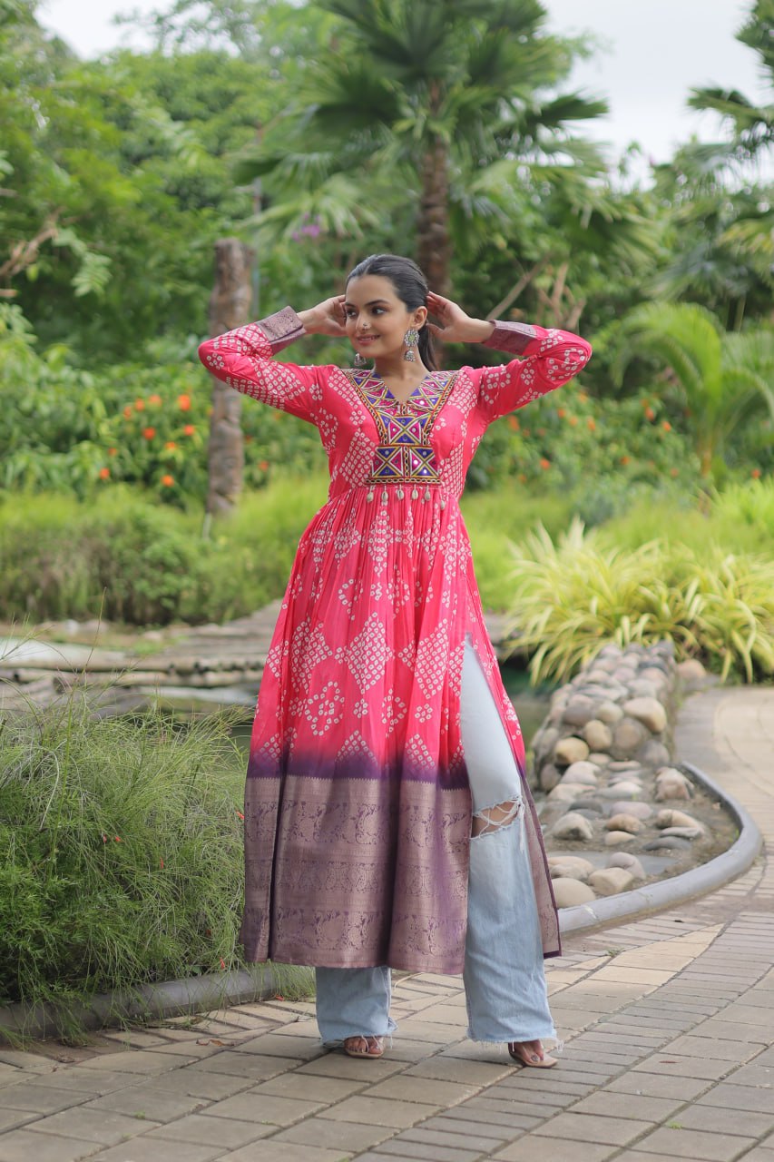 Pink Color Printed Cotton With Kutchi Gamthi Work and Kodi Lace