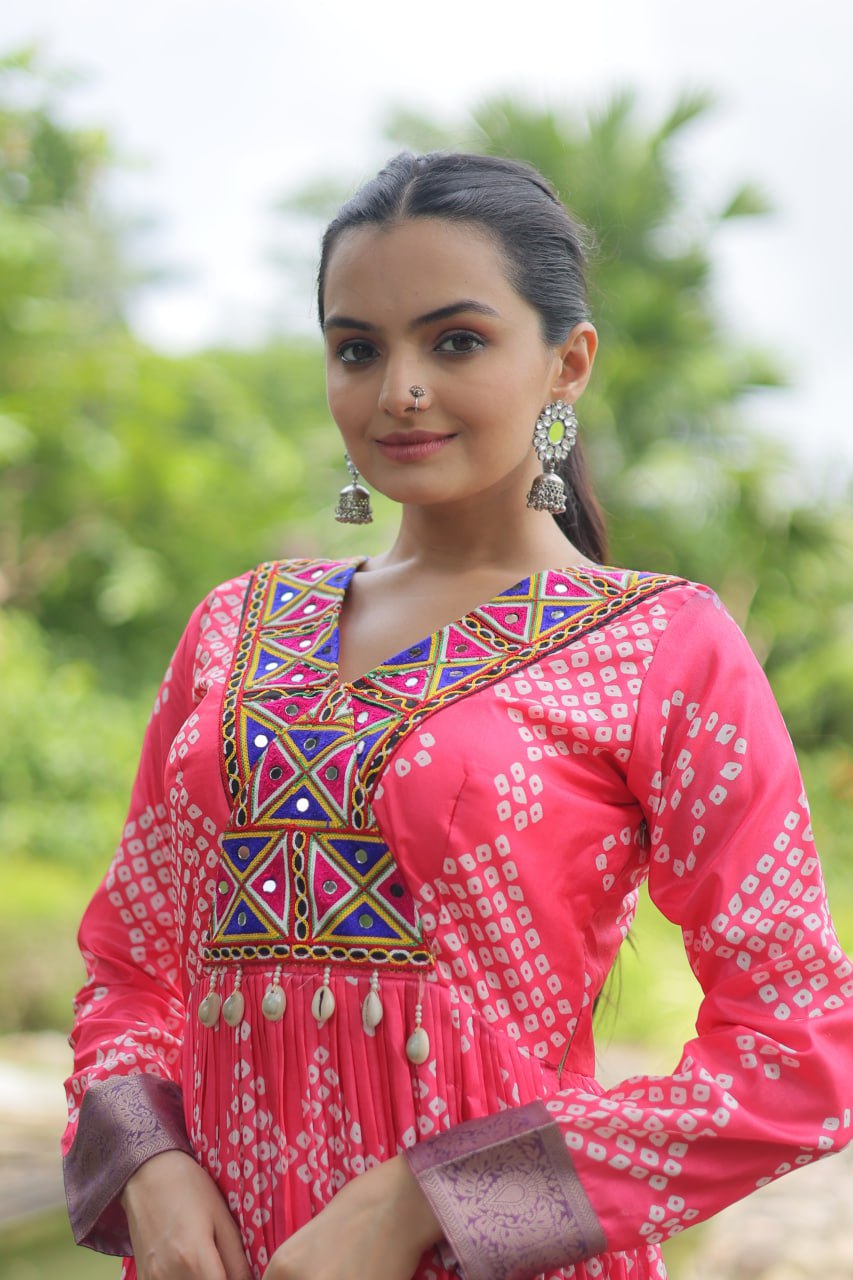 Pink Color Printed Cotton With Kutchi Gamthi Work and Kodi Lace