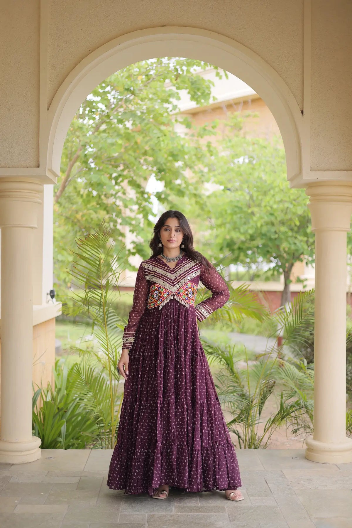 Wine Navratri Gown With Bandhani Print & Gamthi Patch Work