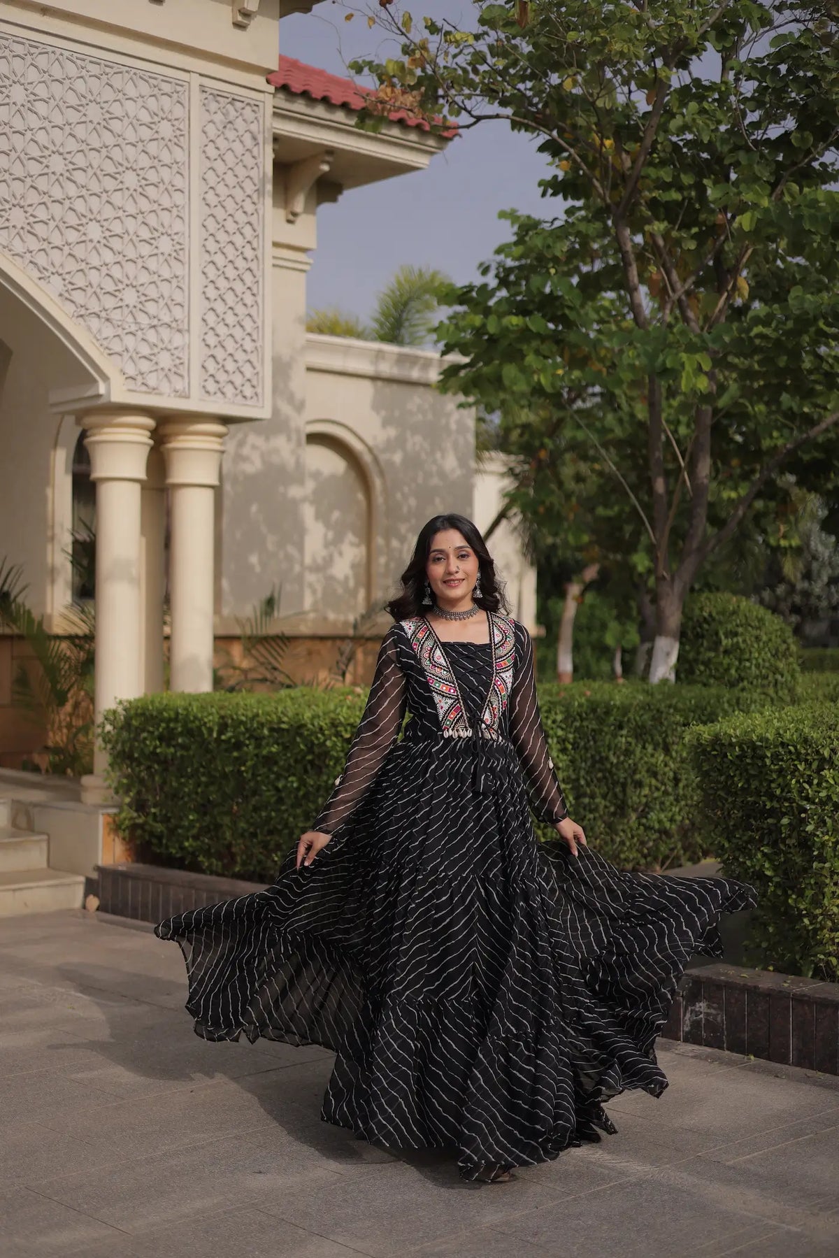 Black Navratri Gown With Print & Gamthi Patch Work
