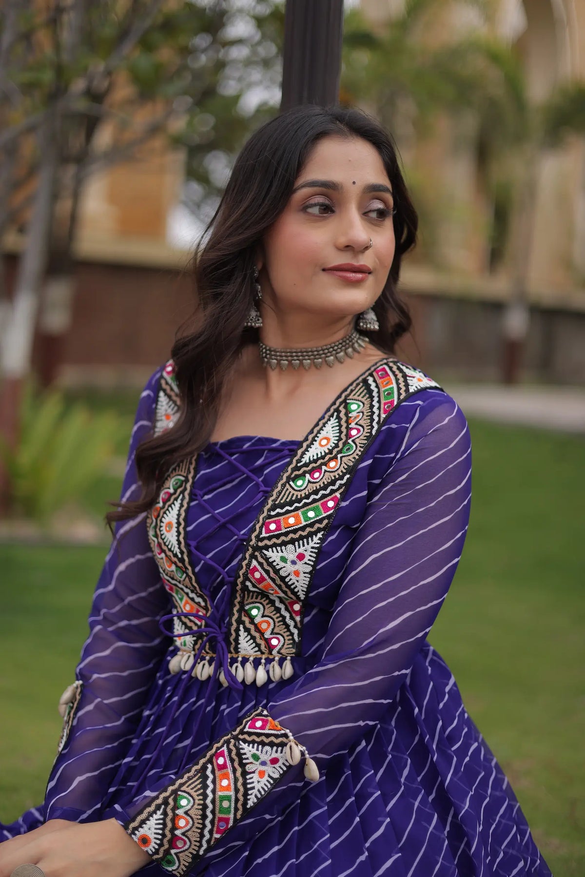 Blue Navratri Gown With Print & Gamthi Patch Work