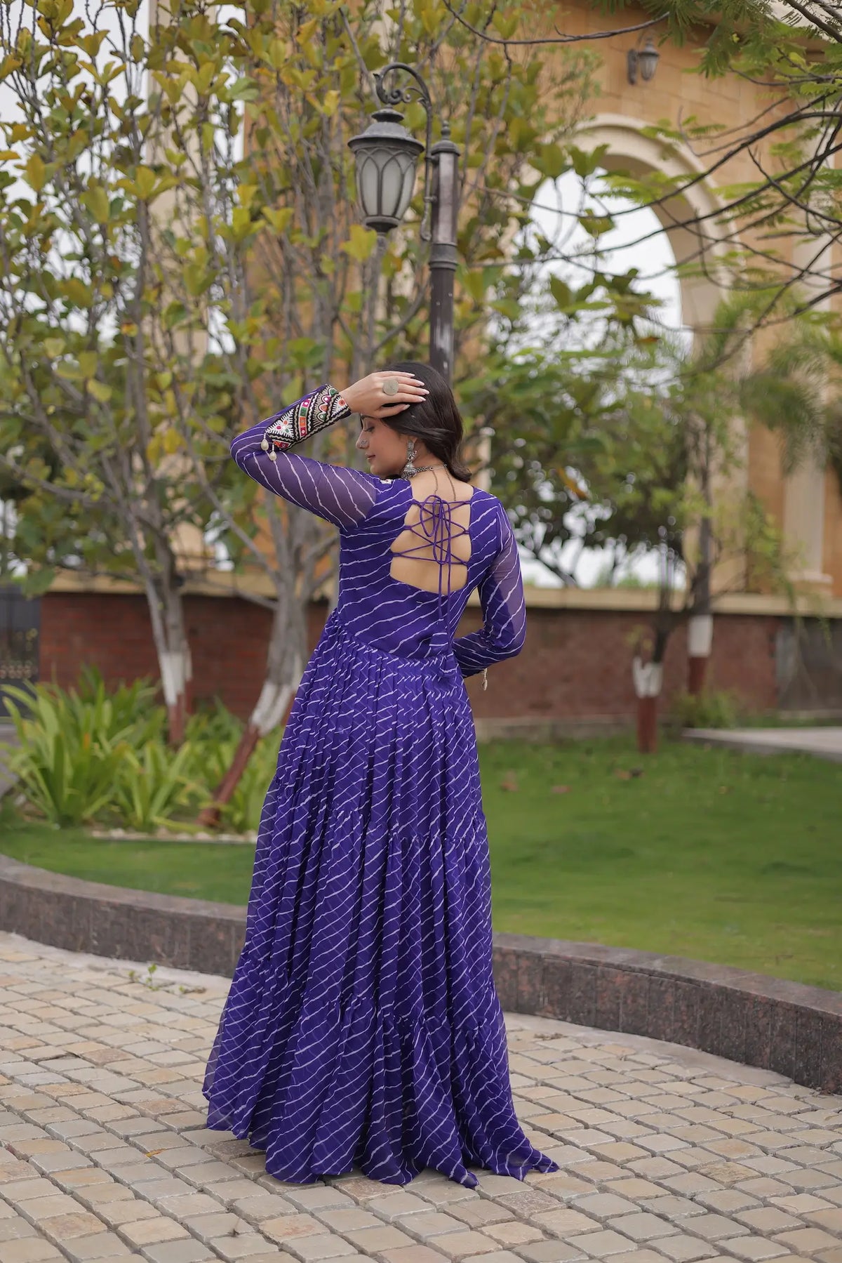 Blue Navratri Gown With Print & Gamthi Patch Work